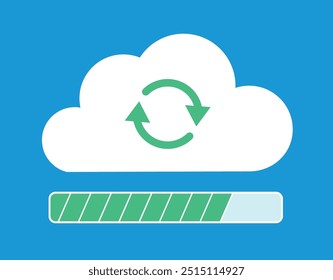 Uma nuvem com um ícone de carregamento e um contador. O balcão é verde e quase completamente preenchido. O ícone está sobre um fundo azul. Vetor de design plano