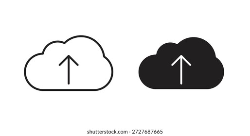 Cloud-Upload-Symbol im Liniendesign und in schwarz-weißen Volltonfarben für Designs