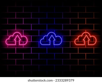Cloud upload icon. neon style. Glowing neon upload sign, outline arrow pictogram in vivid color. Online data saving, uploading information, interacting with files. Vector icon set. Green, red, yellow,