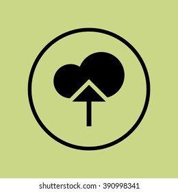 Cloud upload icon, on green background, circle border, dark outline
