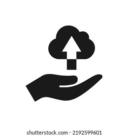 Cloud upload icon on hand flat style isolated on white background. Vector illustration