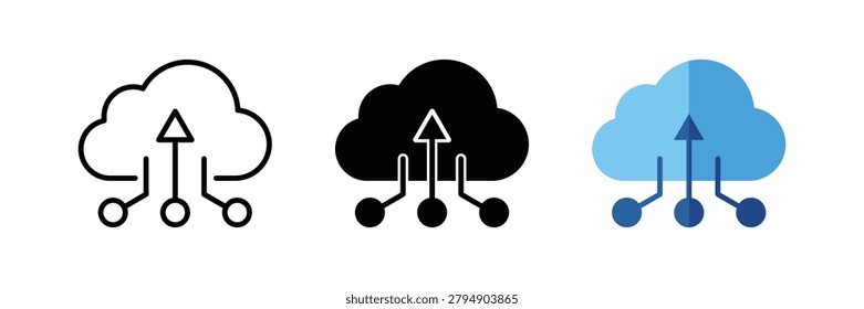 Cloud upload icon set in line, glyph and flat style. Cloud computing, data transfer and digital storage technology vector illustration.
