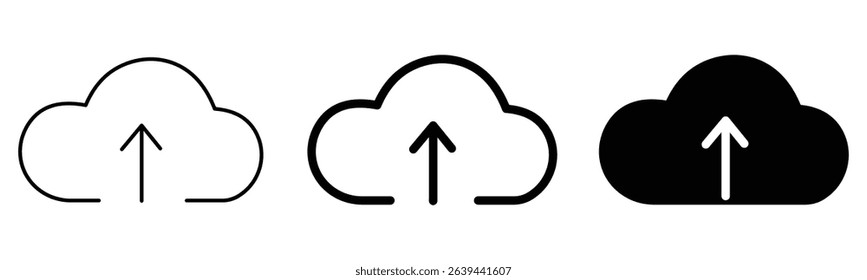 Cloud upload icon set with outline, bold, and solid styles, vector graphic for data storage, network transfer, file sharing, and online backup concepts, minimalist design for app ui ux