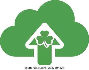 Cloud upload icon with shamrock clover accent. Flat vector illustration for cloud storage, data upload, and online services, isolated on white background.