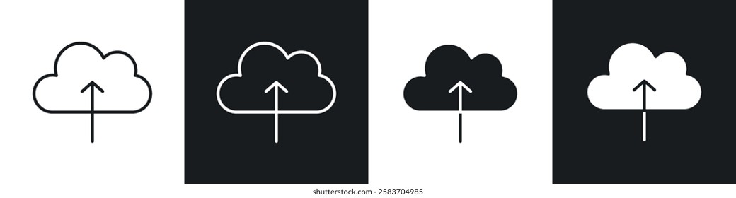 Cloud upload icons collection in black and white filled and line versions