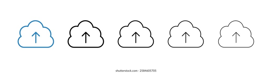 Cloud upload icons in five different stroke sizes