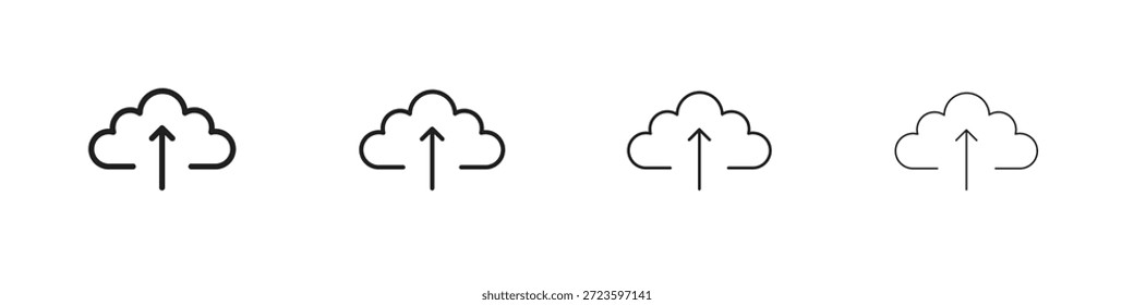 Cloud upload icons outline black vector design. Line with editable stroke.