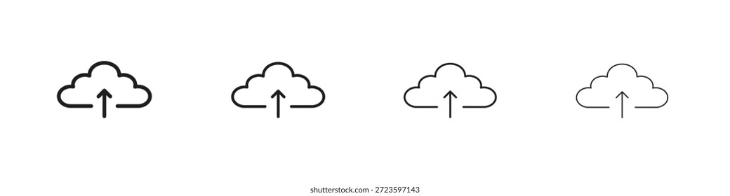 Cloud upload icons outline black vector design. Line with editable stroke.