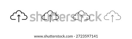 Cloud upload icons outline black vector design. Line with editable stroke.