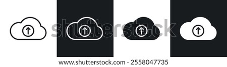 Cloud upload icons pack in black and white filled and outlined versions.