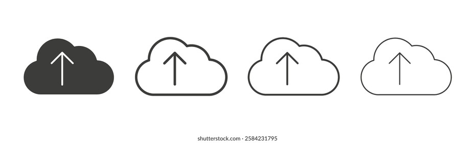 Cloud upload icons set. Liner outlined and flat black color