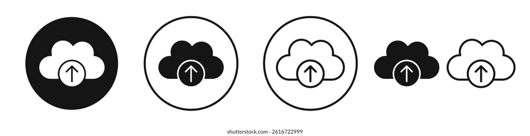 Cloud upload icons set in solid black and stroke line style