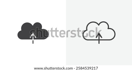 Cloud upload icons vectors illustrations in black fill and liner versions