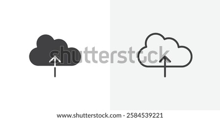 Cloud upload icons vectors illustrations in black fill and liner versions