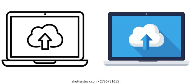 Cloud upload illustration featuring laptop data transfer online storage and digital backup concept for technology and internet design projects
