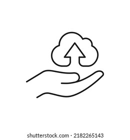 Cloud upload on hand icon line style isolated on white background. Vector illustration