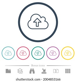 Cloud upload outline flat color icons in round outlines. 6 bonus icons included.