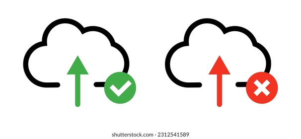 Juego de iconos de envío de nube con éxito y fallo. Vector.