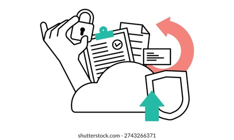 Cloud Upload Workflow Illustration Showing Document Exchange Process, Online Storage System, and Organized File Management Solution