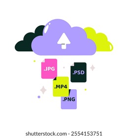 Cloud Uploading Media Files In Flat Vector Illustration Symbolizing Cloud Storage, Data Backup, And File Sharing, Isolated On White Background.