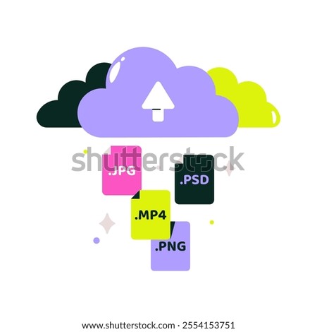 Cloud Uploading Media Files In Flat Vector Illustration Symbolizing Cloud Storage, Data Backup, And File Sharing, Isolated On White Background.