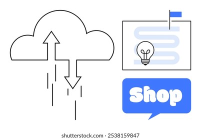 Wolke mit Pfeilen nach oben und nach unten, Glühbirnenkarte und Shop-Text in blauer Sprechblase. Ideal für Technologie, Shopping, Ideen, Kreativität, Business. Moderner minimalistischer Stil