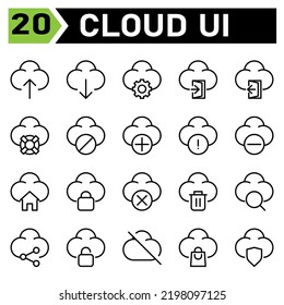 cloud user interface icon set include upload, cloud, user interface, computing, internet of thing, download, setting, gear, sign in, door, sign out, life buoy, help, block, add, plus, warning, sign