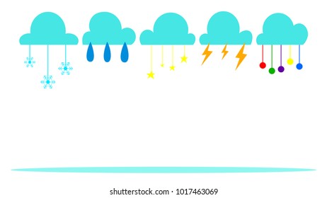 cloud with a variety of hanging things. respectively from the left to the right; snowflakes, raindrops, stars, thunderbolts and rainbow color circles. copy space design. vector illustration. 16:9.
