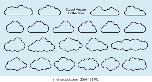 Cloud vector collection featuring various cloud shapes. Vector clouds in different styles. Perfect for cloud-themed designs and illustrations. Weather illustration, vector set.