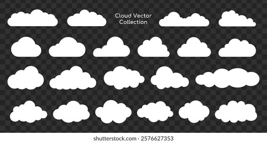 Cloud vector collection with various cloud shapes. Vector clouds in different styles. Perfect for design projects needing cloud graphics. Cloud vector art. Weather illustration, vector set.