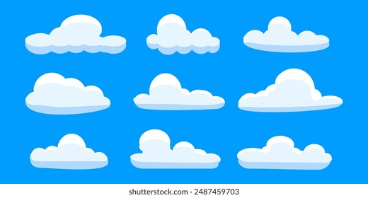 Vector en la nube. Colección de ilustraciones de nubes blancas. Vector conjunto de nubes de dibujos animados en diseño plano.Conjunto de iconos de la nube. 