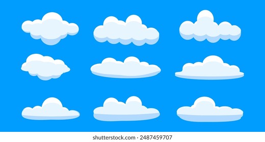 Vector en la nube. Colección de ilustraciones de nubes blancas. Vector conjunto de nubes de dibujos animados en diseño plano.Conjunto de iconos de la nube. 