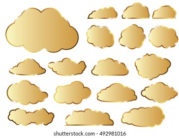 Cloud vector icon set gold color on white background. Sky flat illustration collection for web, art and app design. Different nature cloudscape weather symbols.