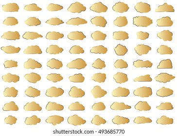 Cloud vector icon set gold color on white background. Sky flat illustration collection for web, art and app design. Different nature cloudscape weather symbols.