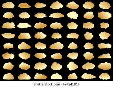 Cloud vector icon set gold color on black background. Sky flat illustration collection for web, art and app design. Different nature cloudscape weather symbols.