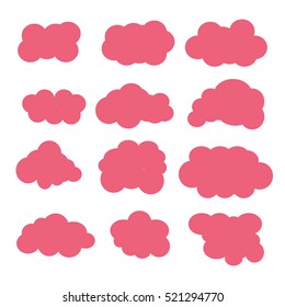 Cloud vector icon set pink color on white background. Sky flat illustration clouds collection web clouds and app design. Different nature cloudscape weather clouds symbols.