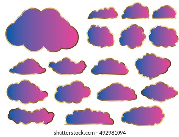 Cloud vector icon set purple color on white background. Sky flat illustration collection for web, art and app design. Different nature cloudscape weather symbols.