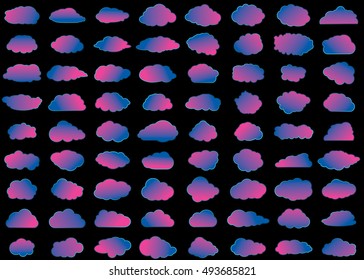 Cloud vector icon set purple color on black background. Sky flat illustration collection for web, art and app design. Different nature cloudscape weather symbols.