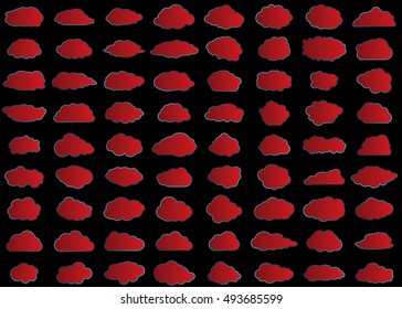 Cloud vector icon set red color on black background. Sky flat illustration collection for web, art and app design. Different nature cloudscape weather symbols.