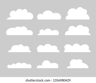 Cloud vector icon set. White clouds on grey background