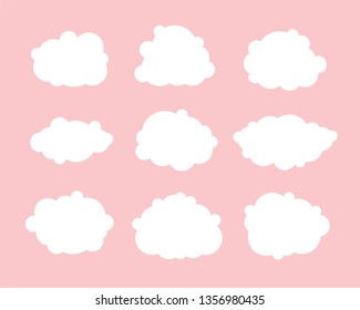 Cloud vector icon set. White clouds on pink background