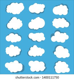 Cloud vector icon set white color on blue background. Flat sky illustration, for web, art and app design.Web, app decoration element. Vector Illustration