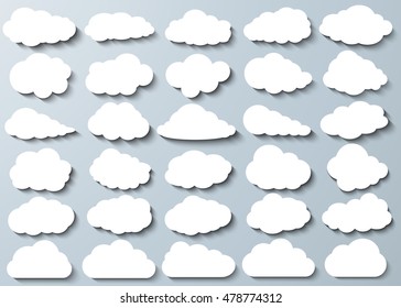 Cloud vector icon set white color on grey background. Sky flat illustration collection for web, art and app design. Different nature cloudscape weather symbols.