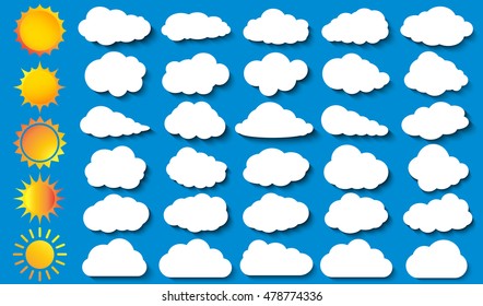 Icono de vector de nube que establece el color blanco en el fondo azul. Colección de ilustraciones Sky para diseño web, artístico y de aplicaciones. Distintos símbolos climáticos paisajísticos.