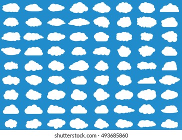 Ícone de vetor de nuvem definir a cor branca no fundo azul. Coleção de ilustração plana Sky para web, arte e design de aplicativos. Diferentes símbolos do tempo da natureza cloudscape.