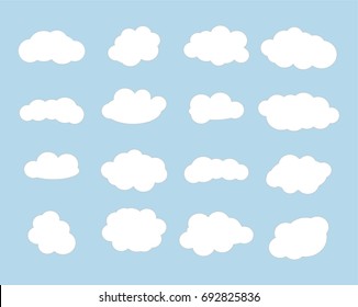 Cloud vector icon set white color on blue background. Sky flat illustration collection for web, art and app design. Different nature cloudscape weather symbols.