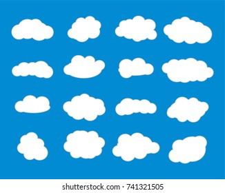 Cloud vector icon set white color on blue background. Sky flat illustration collection for web, art and app design. Different nature cloudscape weather symbols.