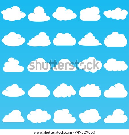 Cloud vector icon set white color on blue background. Sky flat illustration collection for web, art and app design. Different nature cloudscape weather symbols.