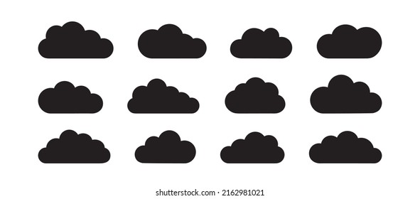 Cloud vector icon, sky clouds bubble different shape, web set, weather symbol, black silhouette  isolated on white background. Cartoon abstract illustration