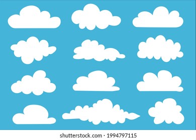Cloud vector icon symbols set. White clouds cartoon shape drawing flat style on blue sky abstract background, graphic vector illustration element for website, logo, web banner, sticker and design

